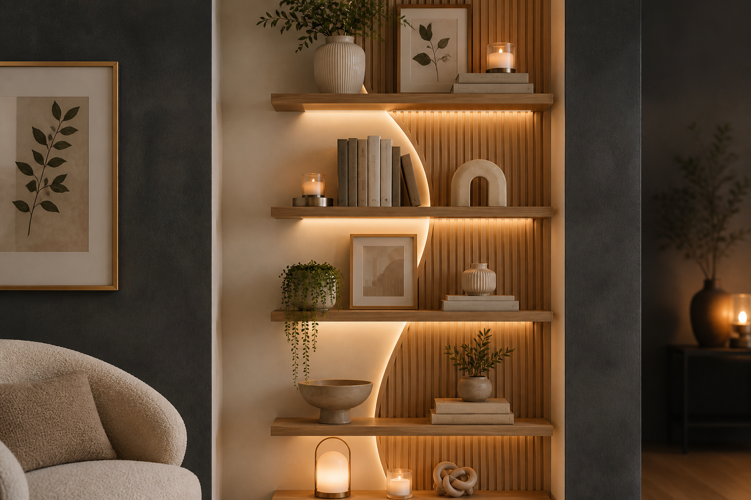 Estantería de decoración de hogar con velas, cerámica y plantas en tonos cálidos